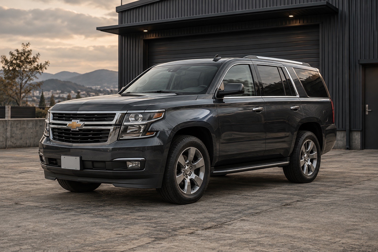 ガレージ前のチャコール色のタホタイプのSUV